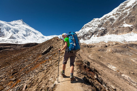 徒步旅行者是 climbig 到在高原上的喜马拉雅山马纳斯卢峰大本营