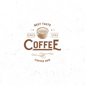 老式的黑咖啡会徽，平复古插画。棕色和米色的颜色标志。矢量刻字饮料的程式化的戳。早餐咖啡厅徽标