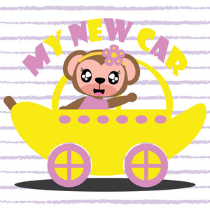 可爱的猴子开新车矢量卡通插画为孩子 t 恤设计