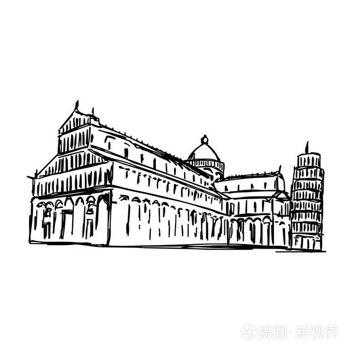 比萨大教堂广场与比萨斜塔和大教堂-矢量插画素描手绘