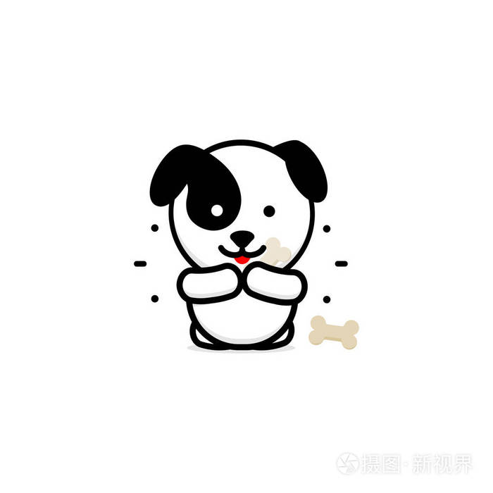 插画 可爱的狗吃晚餐矢量插图,宝贝小狗标志,新设计艺术,宠物食品黑