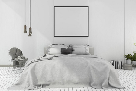 3d 渲染模拟了斯堪的纳维亚卧室与白色色调的木材