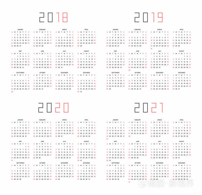 2019-2021图片,2019图片 日历的 2018 年,2019 年,到 年,2021 年白色背景上