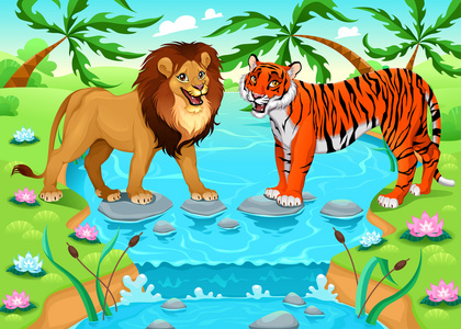 狮子和老虎一起在丛林中