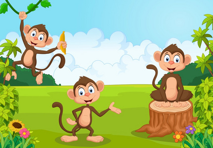 卡通猴子在森林里玩耍