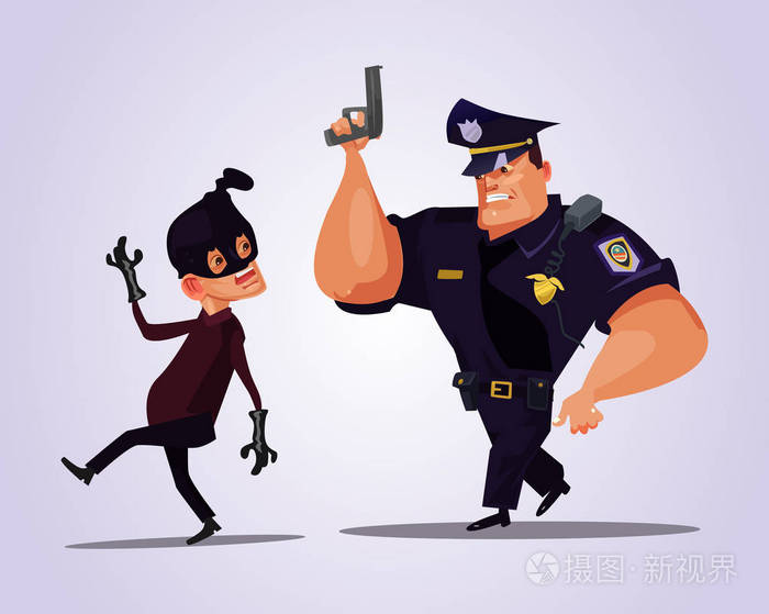 大强警察追逐强盗的字符.矢量平面卡通插画