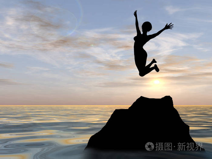 跳上悬崖的年轻女人剪影