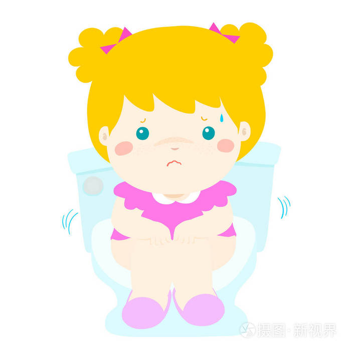 可爱的小女孩坐在马桶座圈与腹泻卡通矢量