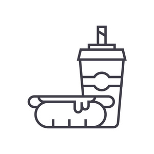 热狗与杯咖啡 快餐矢量线图标 标志 插图背景，可编辑笔触