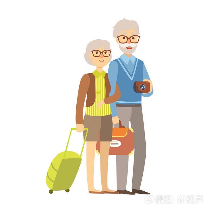 高级夫妇游客旅行箱.孤立在白色背景上的彩色卡通人物