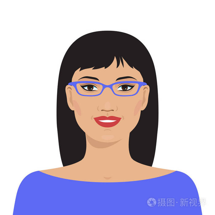 戴眼镜的漂亮亚洲女人的头像.矢量插图