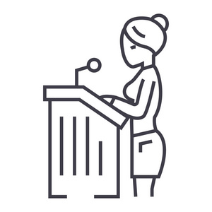 律师的女人，在法院矢量线图标 标志 插图背景，可编辑的笔画上的演讲