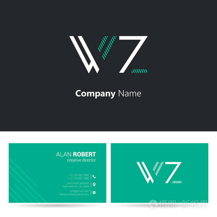 黑色和绿色徽标设计和带有波形字母的名片模板 wz