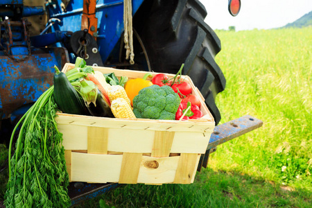 下一步到一辆拖拉机与蔬菜框
