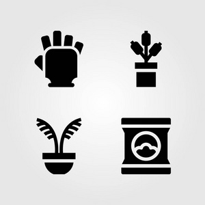 房子植物向量图标集合。手套, 肥料, 植物和健身房手套