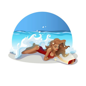 自拍的女孩躺在沙滩上。波浪缓缓地滚向岸边, 夏日的阳光普照。假期真实的故事。矢量插图