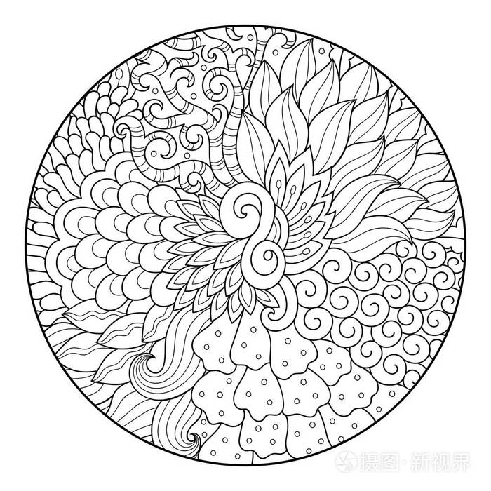 勾勒出用于着色书籍页面的圆形花卉图案.成人和儿童抗应力着色.