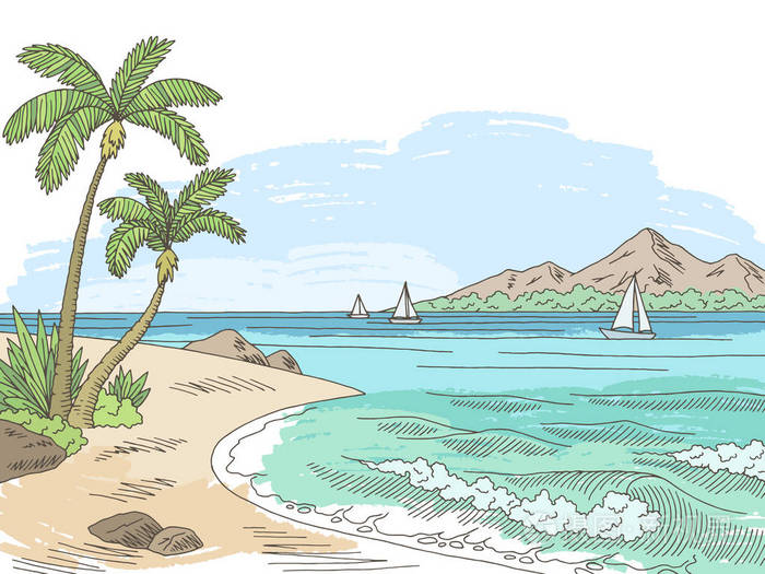 海湾海岸图形色彩景观素描海景插画矢量
