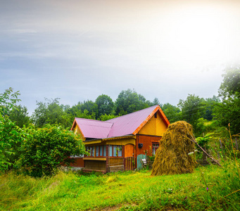绿色的田野间的小木屋里图片
