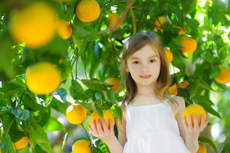 女孩采摘新鲜成熟的橘子