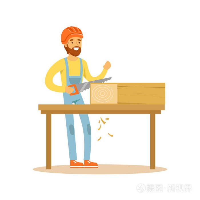 木匠锯木头在他的工作室,木工特征向量图的人插画-0m8
