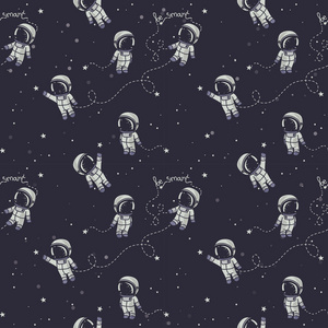 宇宙的无缝模式，可爱涂鸦宇航员在太空中漂浮