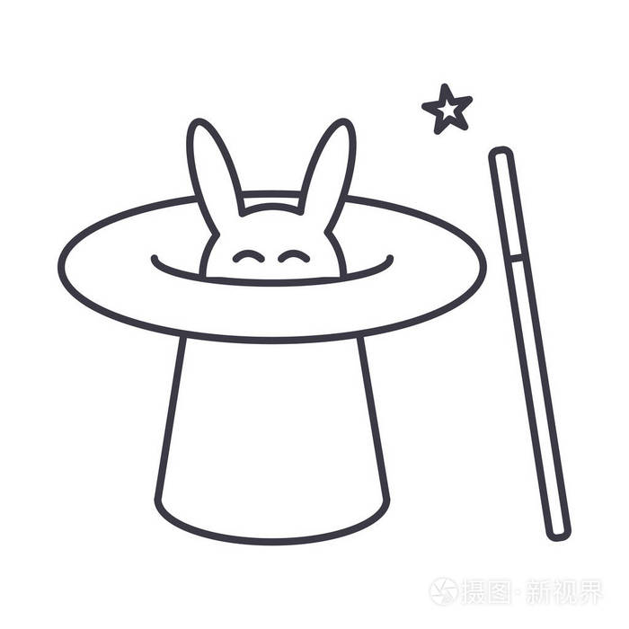 魔术师用兔,魔术帽,魔杖把戏矢量线图标,标志,背景,可编辑的笔画的