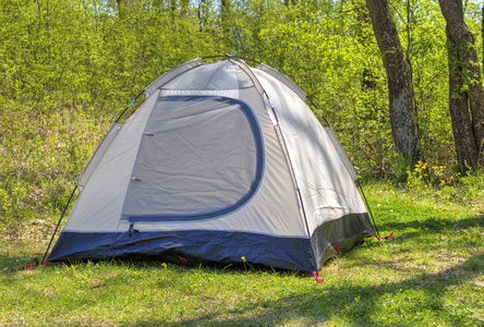在阳光明媚的森林野营帐篷