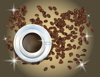咖啡豆和棕色背景中分离出的白咖啡杯子