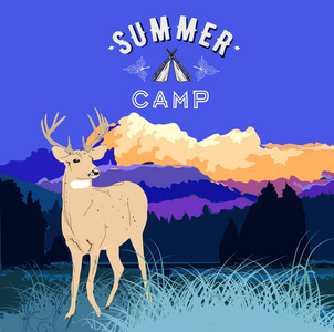 夏季营地标签  插图。美丽的风景与森林和日落山