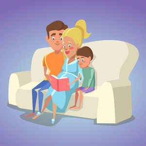 怀孕的母亲和父亲在家里为儿子坐在沙发上看书。幸福的家庭。矢量图
