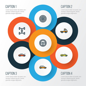 汽车多彩大纲图标设置。皮卡 机器 驱动器和其他元素的集合。此外包括敞蓬车 皮卡 货车等符号