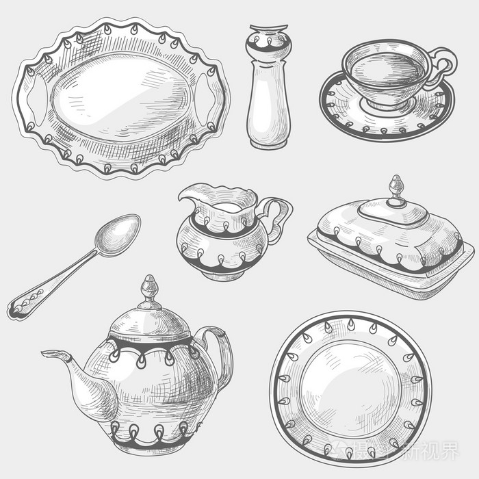 手画的涂鸦素描厨房瓷餐具, 厨具凯特莱茶壶杯茶咖啡勺菜或板