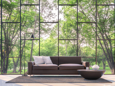 现代客厅与花园景观 3d 渲染图像
