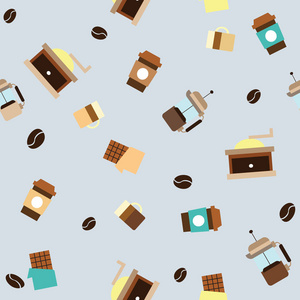 巧克力咖啡豆和咖啡研磨机在灰色的背景上。平铺背景。矢量图