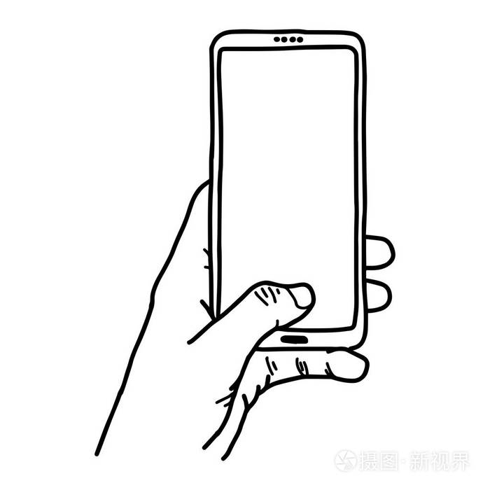关闭了左手使用垂直空白屏幕移动电话-矢量图草图手绘与孤立的白色