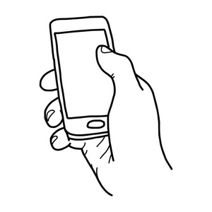 右手握着小小的手机与空白空间矢量图草图手绘与孤立的白色背景上的黑色线条