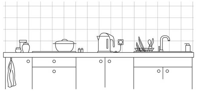 厨房的水槽。厨房台面与接收器和板的线条样式