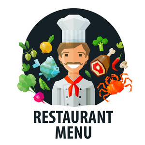菜单，餐厅矢量 logo 设计模板。厨师 食物或烹饪图标。平的插图