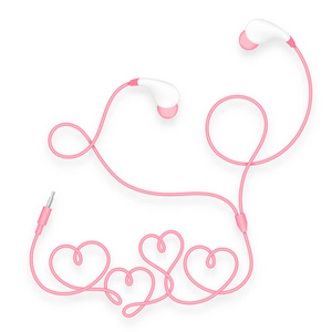 耳机，在耳型粉红颜色和心符号由电缆