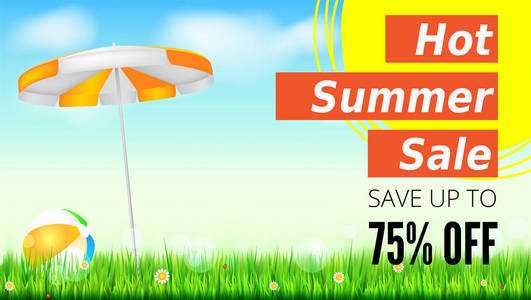 夏天卖老式文本设计的广告横幅。有 75的折扣，炎热夏季销售背景，与太阳伞和充气沙滩球，黄色的太阳，绿色的田野 白云和蓝天