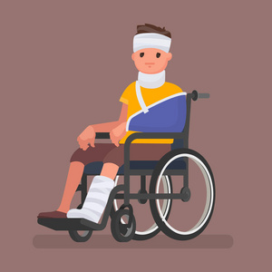 有病的人，受伤和石膏坐在轮椅上。矢量图