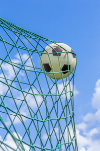 足球陷入目标网与蓝蓝的天空