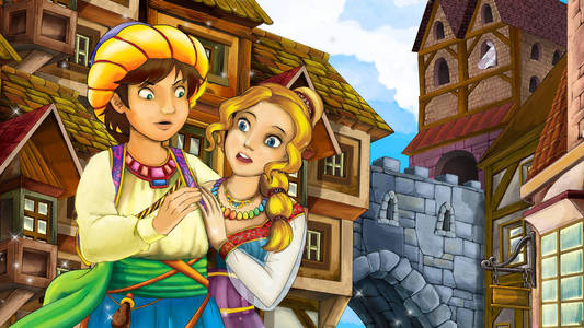 美丽的夫妇的卡通场面在老城市城堡在背景例证为孩子