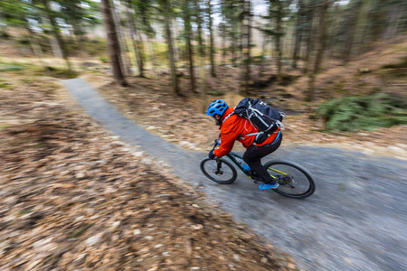 山地自行车骑自行车在早春山脉森林 l