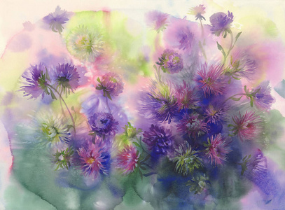 颜色紫苑水彩背景的花束