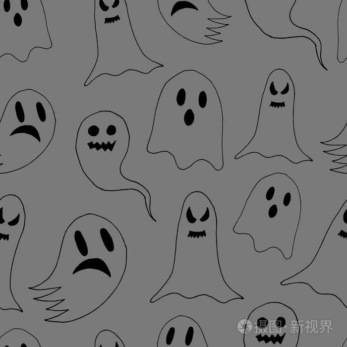 无缝模式的手绘鬼庆祝万圣节卡通阴森可怕的幽灵