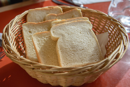 切片面包在桌上的篮子里