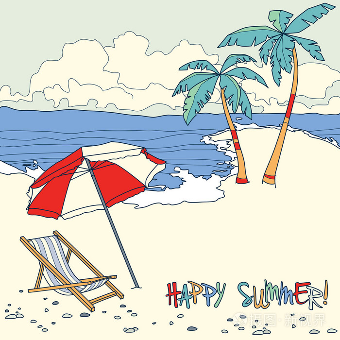 棕榈树和沙滩椅的海滩.夏季度假概念插画-正版商用0o1