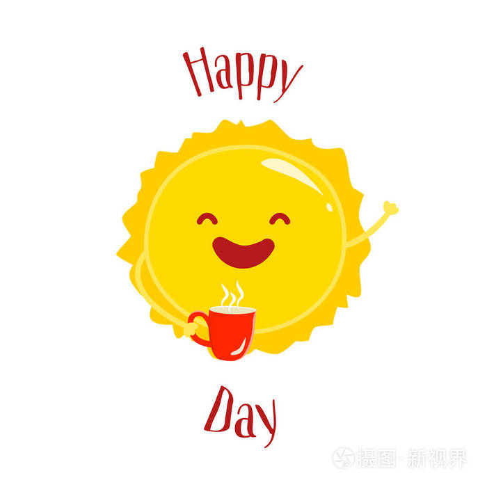 快乐的一天卡与卡通太阳和红杯.平面样式.矢量图